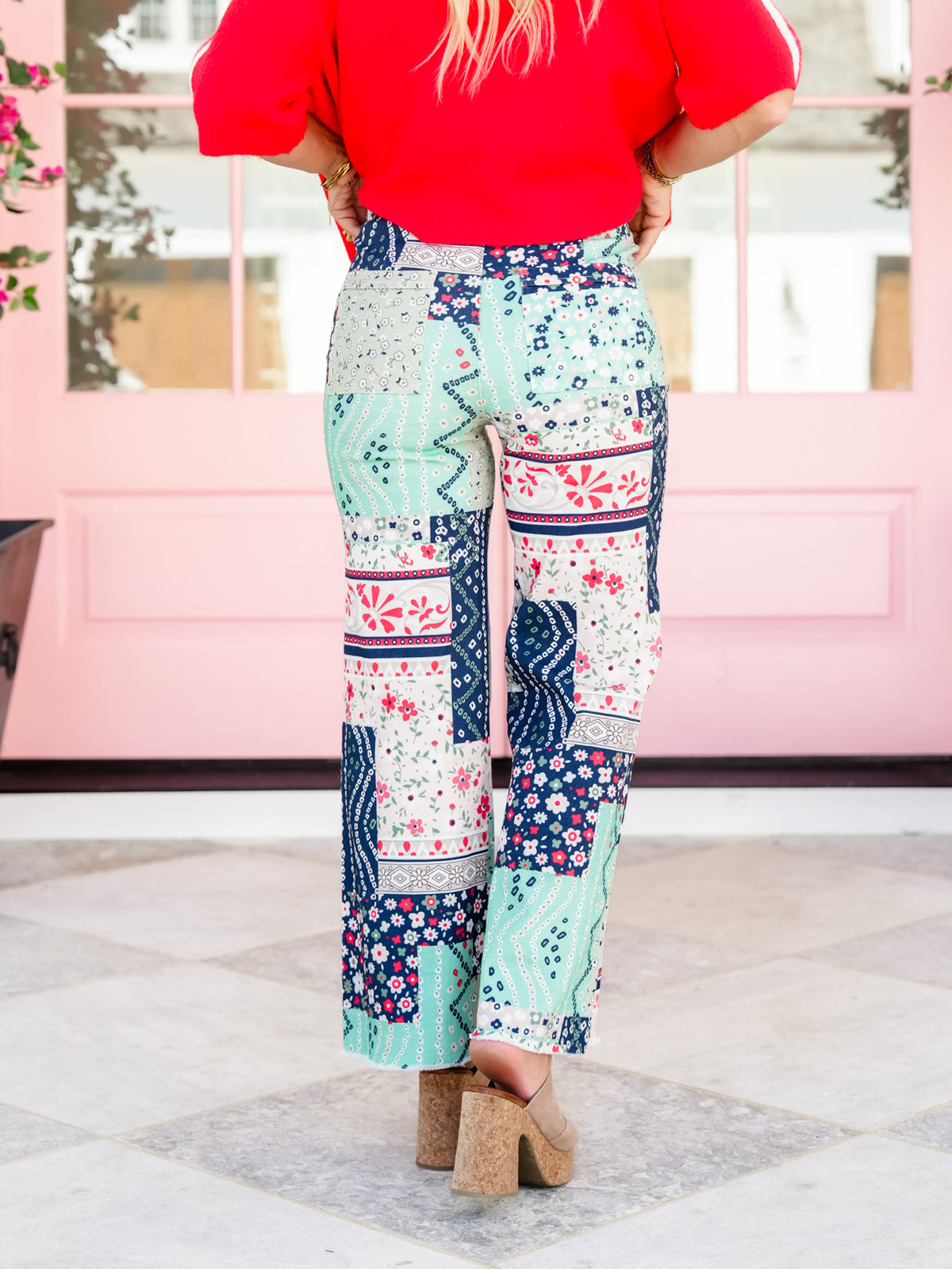 Patchwork Print High Waist Flared Leg Cropped Pants - Freckled Poppy