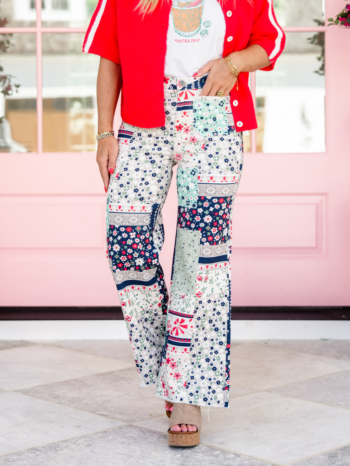 Patchwork Print High Waist Flared Leg Cropped Pants - Freckled Poppy