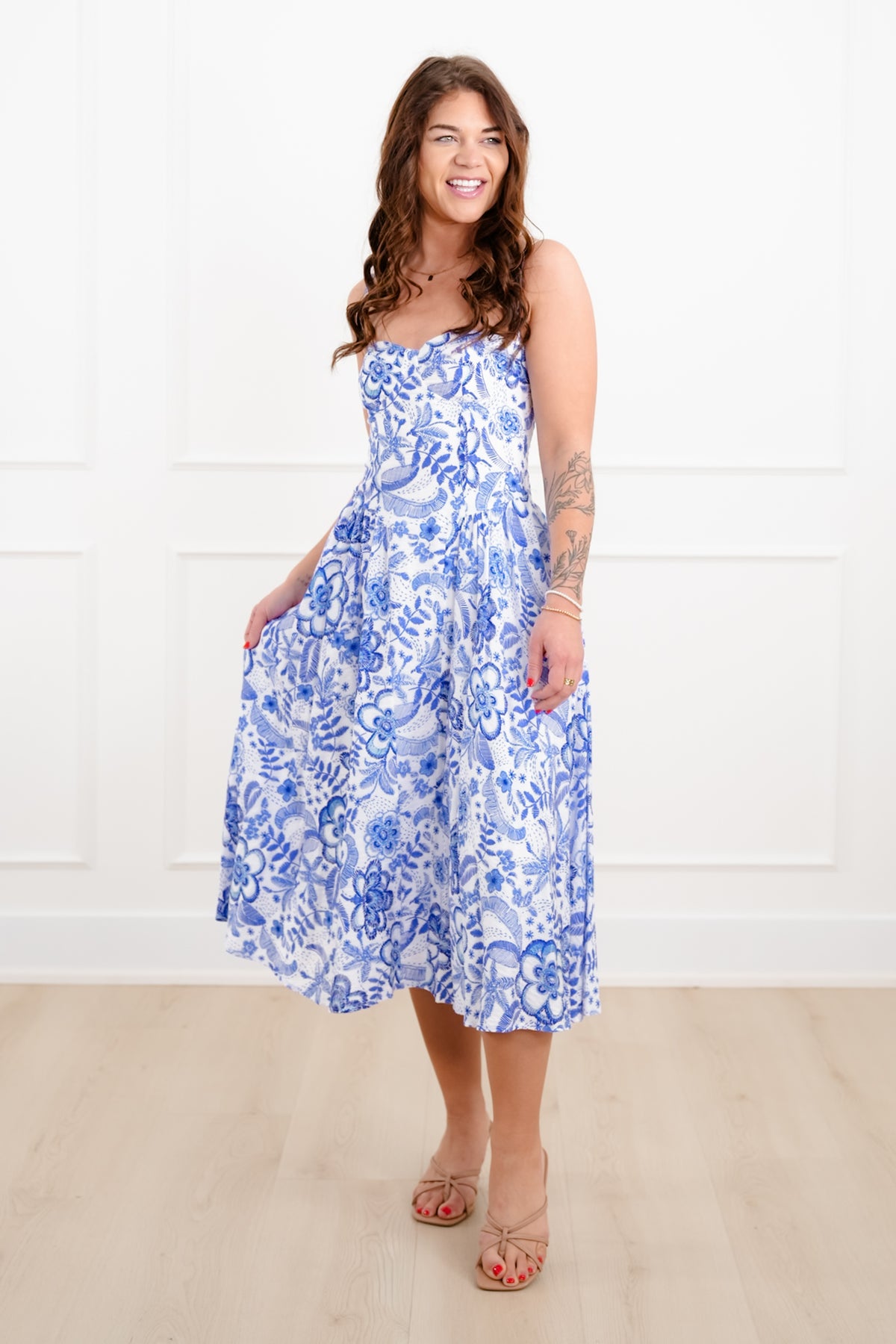 Blue Floral Sleeveless Midi Dress - Freckled Poppy