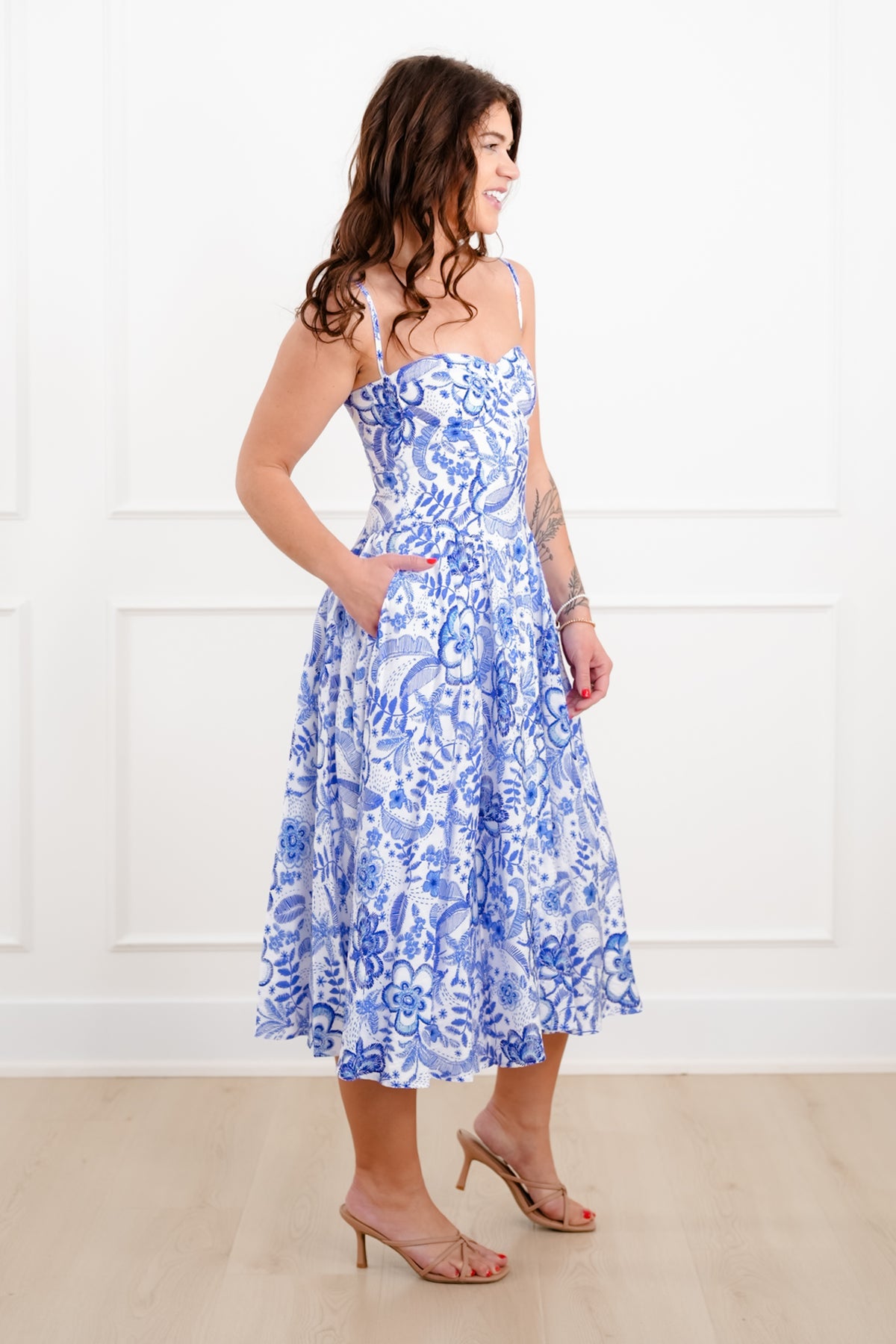 Blue Floral Sleeveless Midi Dress - Freckled Poppy