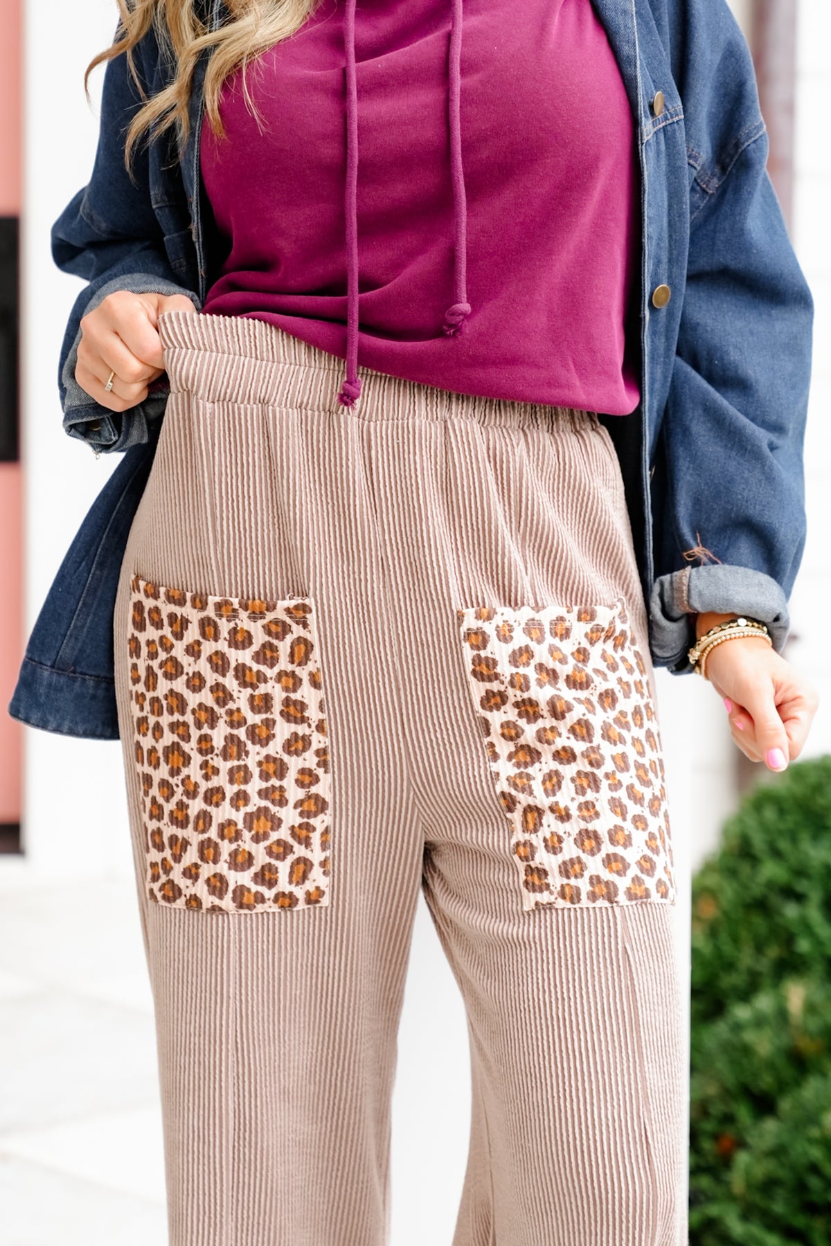 Plus/Reg Urban Ribbed Elastic Waist Pants With Leopard Detail - Freckled Poppy