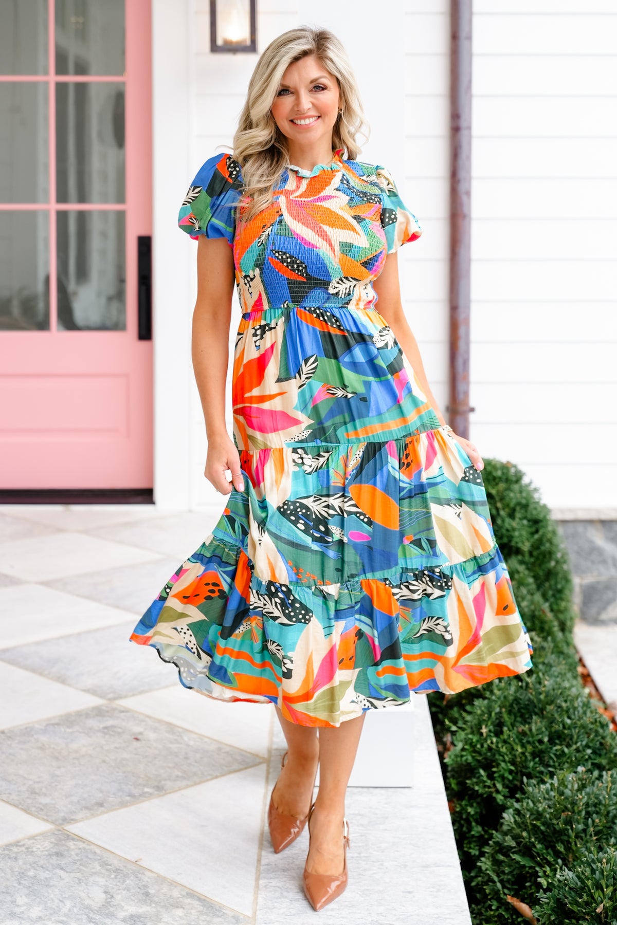 Tropical Print Short Bubble Sleeves Midi Dress - Freckled Poppy