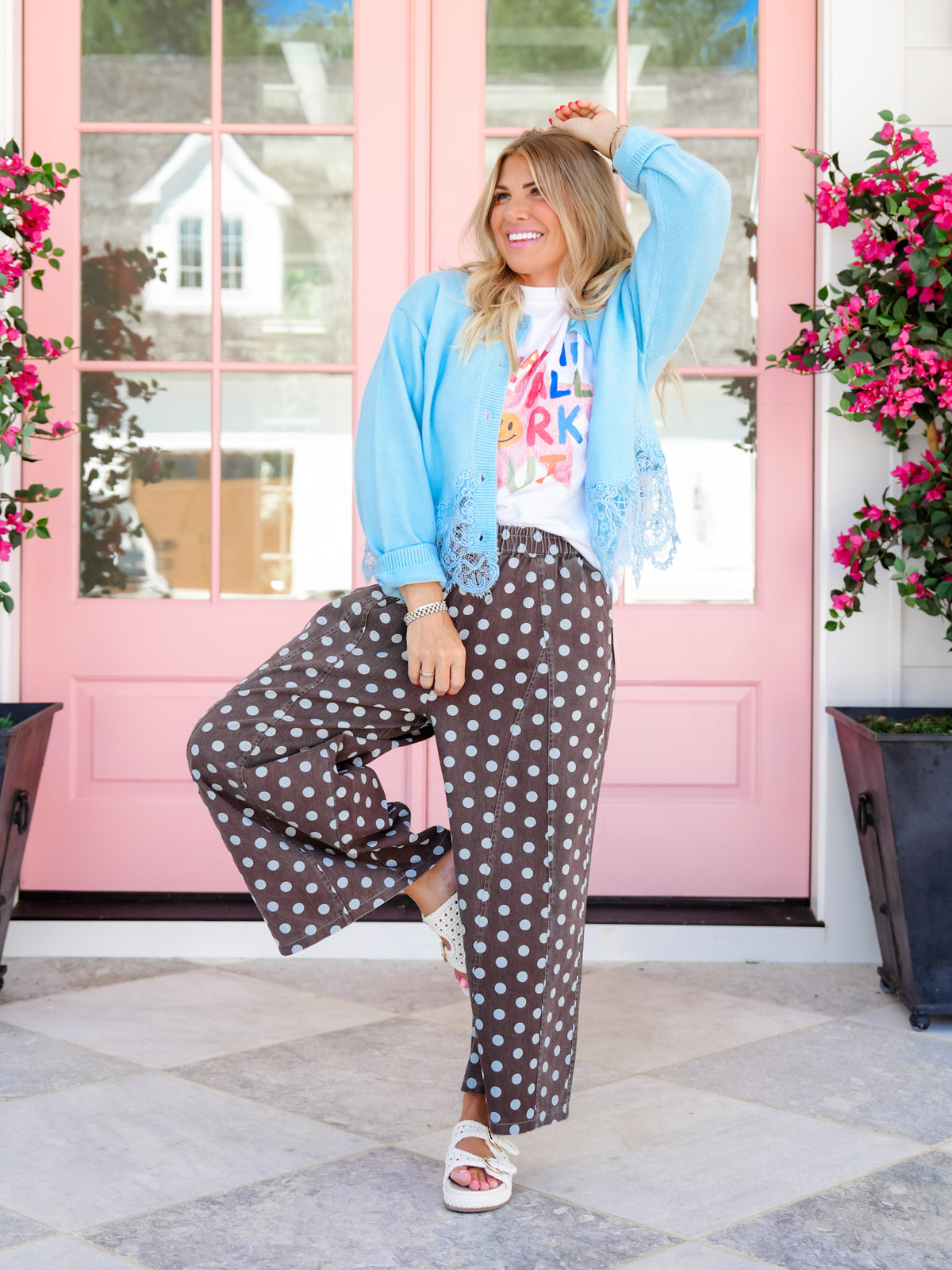 Polka Dot Elastic Waist Wide Leg Cropped Pants - Freckled Poppy
