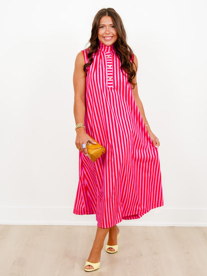 Stripe Sleeveless Button Up Midi Dress with Stand Up Collar - Freckled Poppy