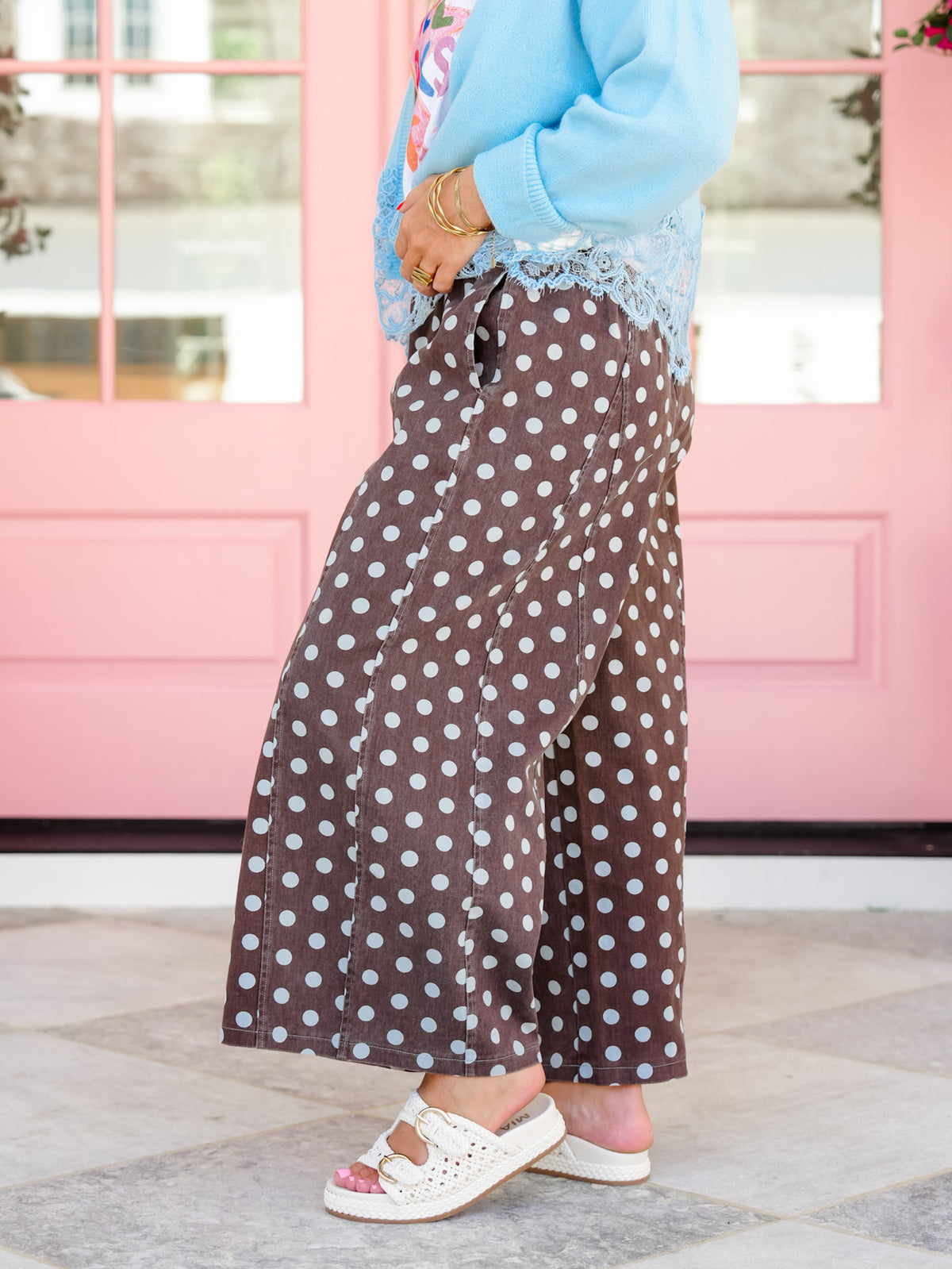 Polka Dot Elastic Waist Wide Leg Cropped Pants - Freckled Poppy