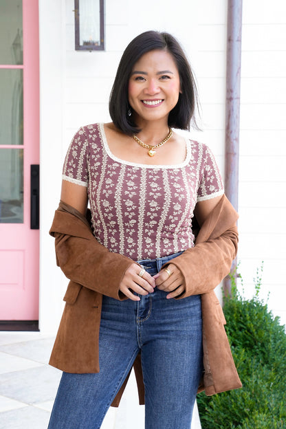 Floral Short Sleeve Lace Trimmed Top - Freckled Poppy