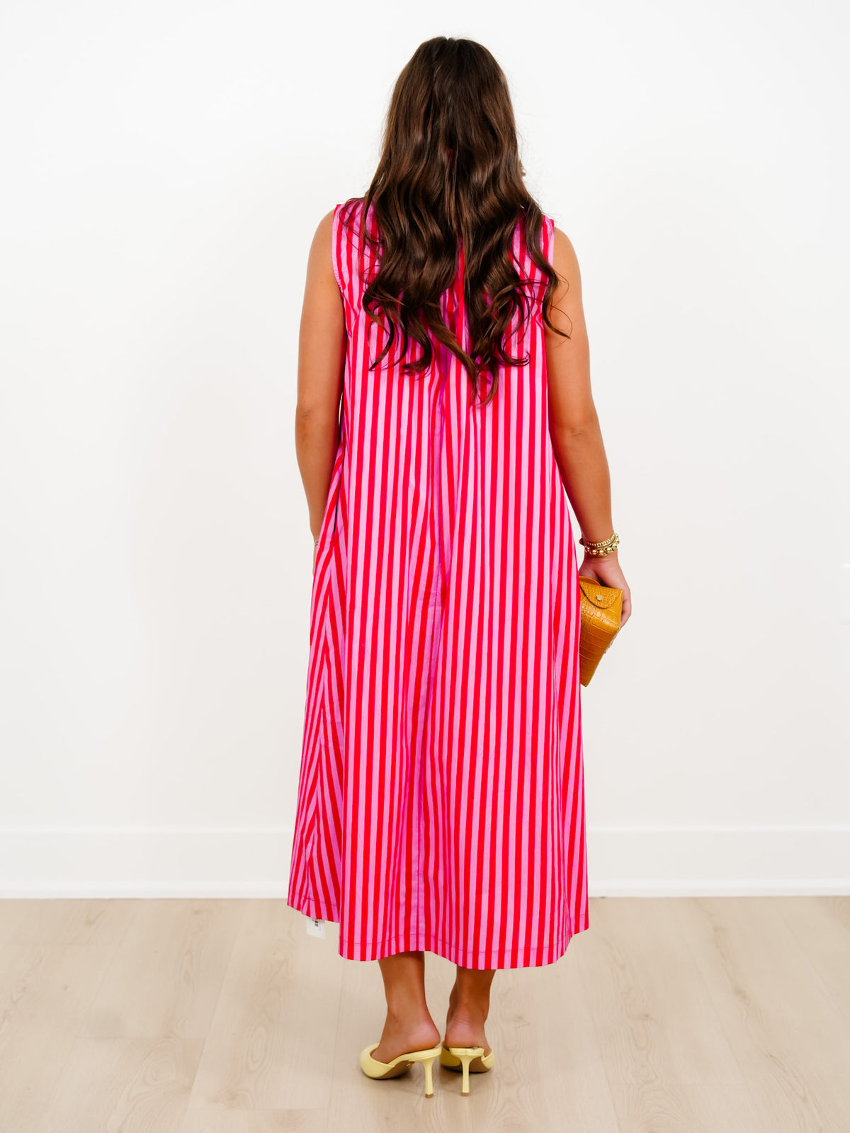 Stripe Sleeveless Button Up Midi Dress with Stand Up Collar - Freckled Poppy