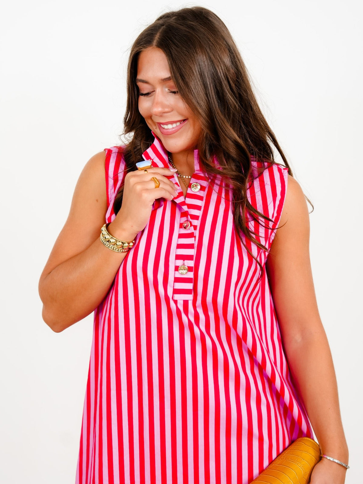 Stripe Sleeveless Button Up Midi Dress with Stand Up Collar - Freckled Poppy