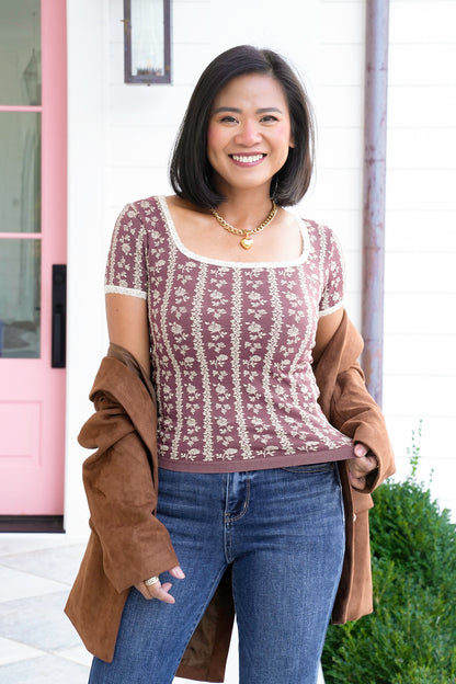 Floral Short Sleeve Lace Trimmed Top - Freckled Poppy