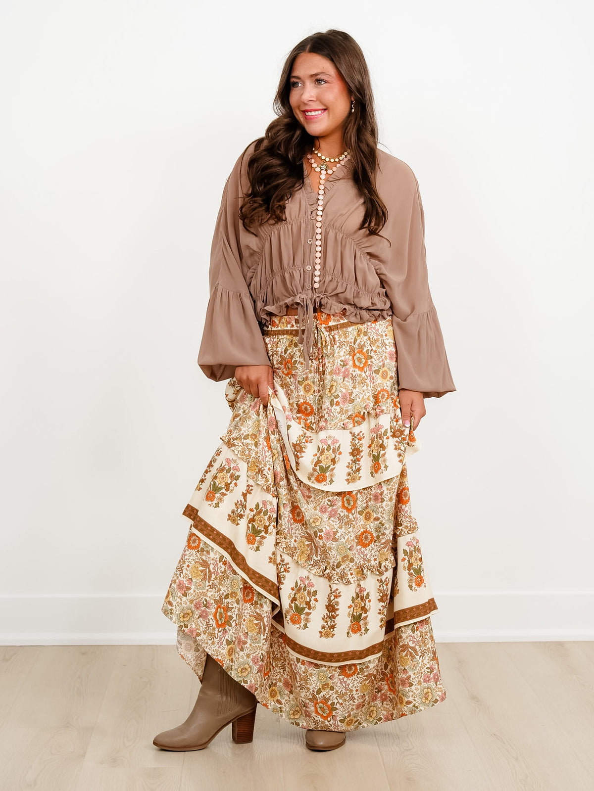 Floral Print Elastic Waist Ruffle Tiered Midi Skirt - Freckled Poppy