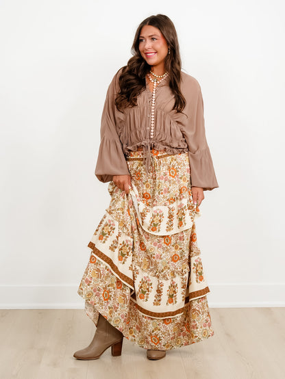Floral Print Elastic Waist Ruffle Tiered Midi Skirt - Freckled Poppy