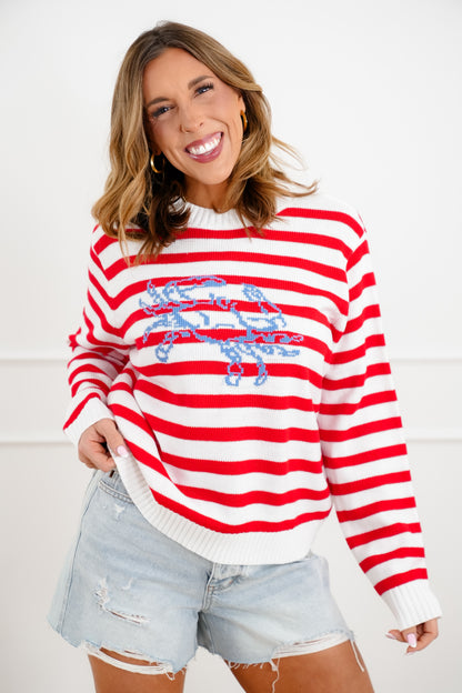 Stripe Long Sleeve Knit Crab Sweater - Freckled Poppy