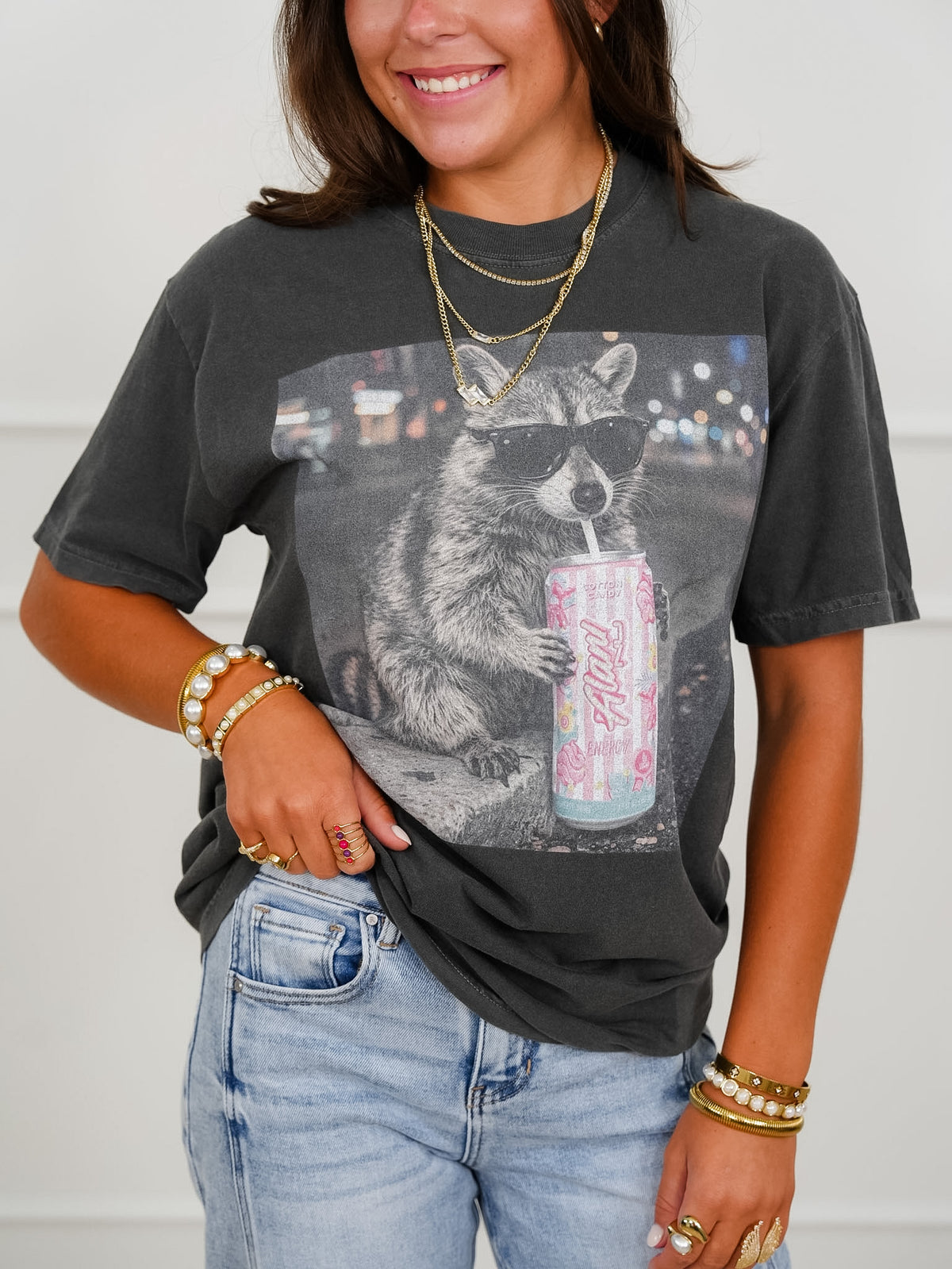 Plus/Reg Short Sleeve Raccoon Alani Graphic Tee - Freckled Poppy