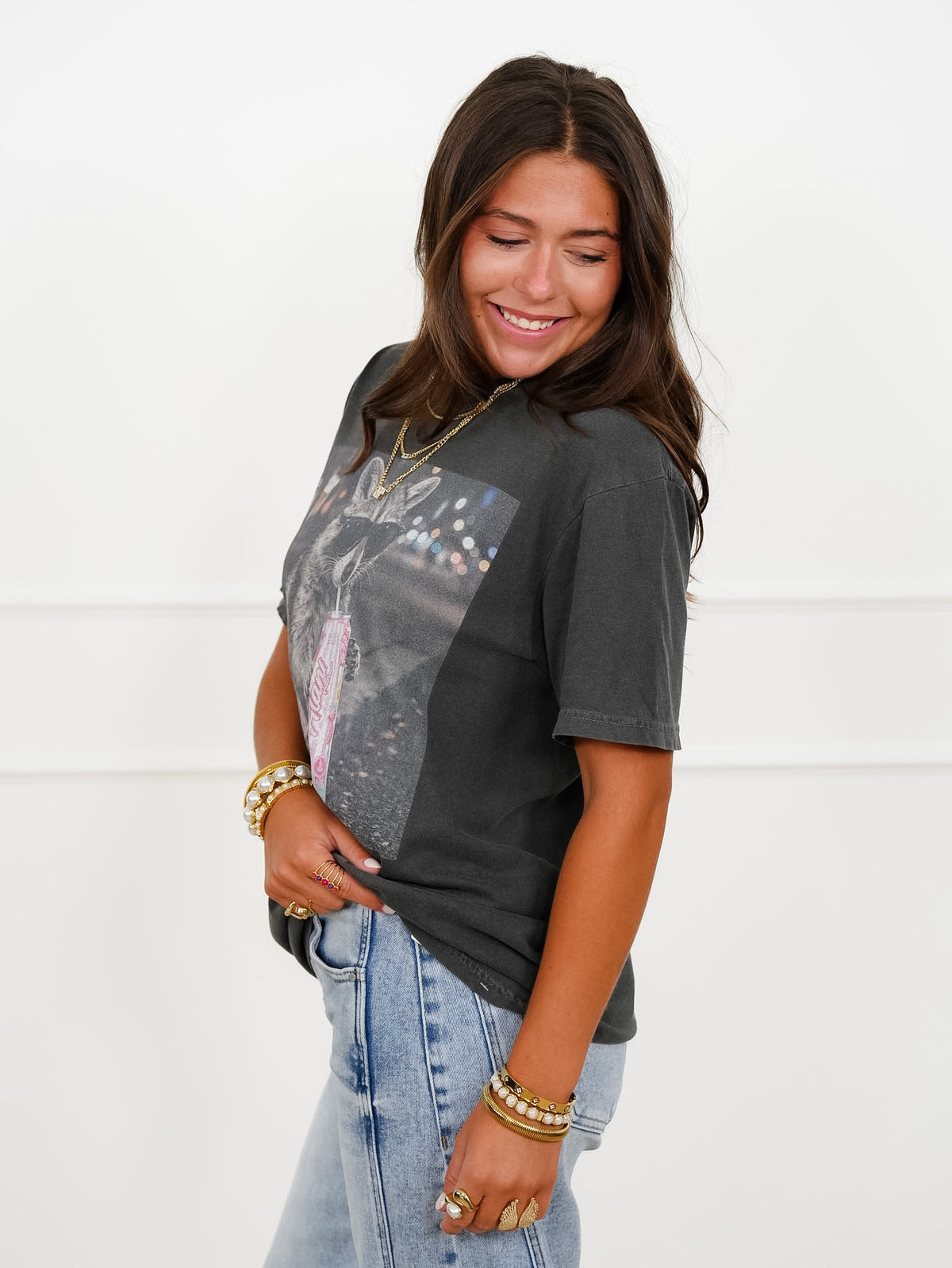 Plus/Reg Short Sleeve Raccoon Alani Graphic Tee - Freckled Poppy
