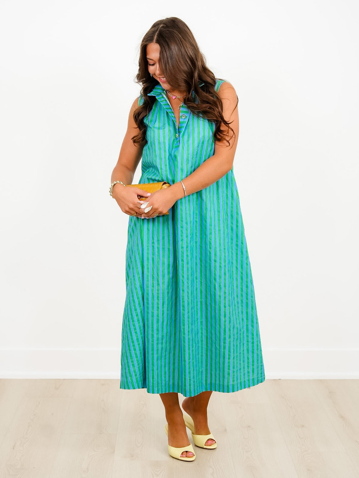 Stripe Sleeveless Button Up Midi Dress with Stand Up Collar - Freckled Poppy