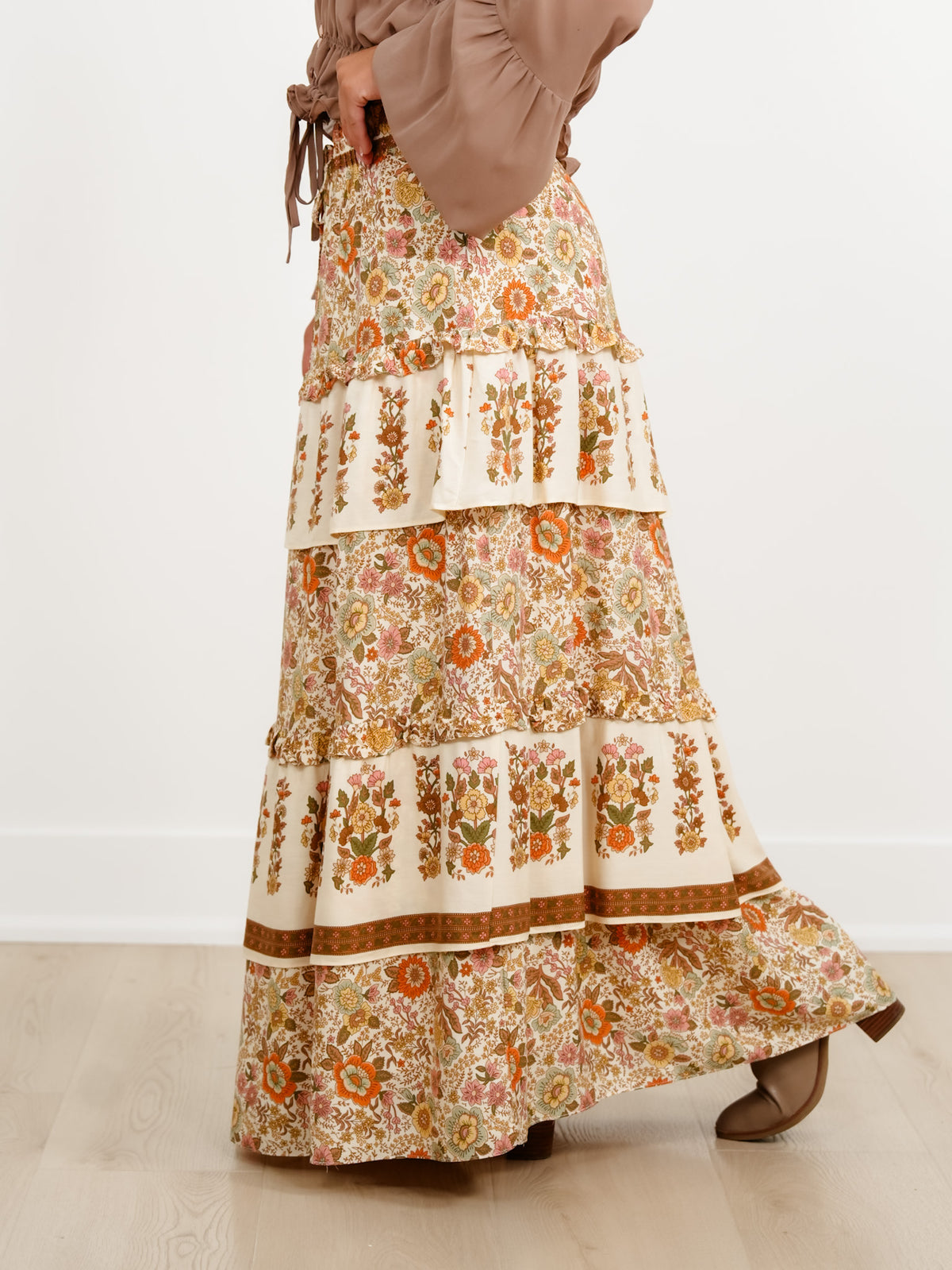 Floral Print Elastic Waist Ruffle Tiered Midi Skirt - Freckled Poppy