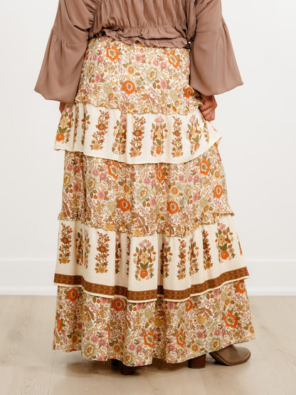 Floral Print Elastic Waist Ruffle Tiered Midi Skirt - Freckled Poppy