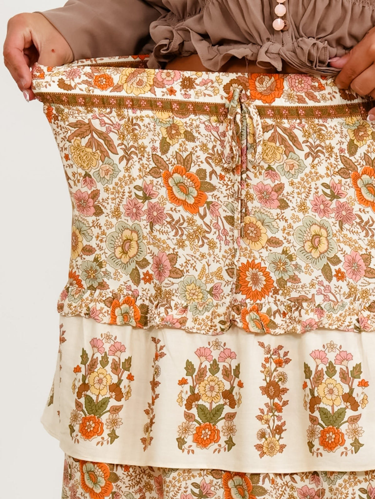 Floral Print Elastic Waist Ruffle Tiered Midi Skirt - Freckled Poppy