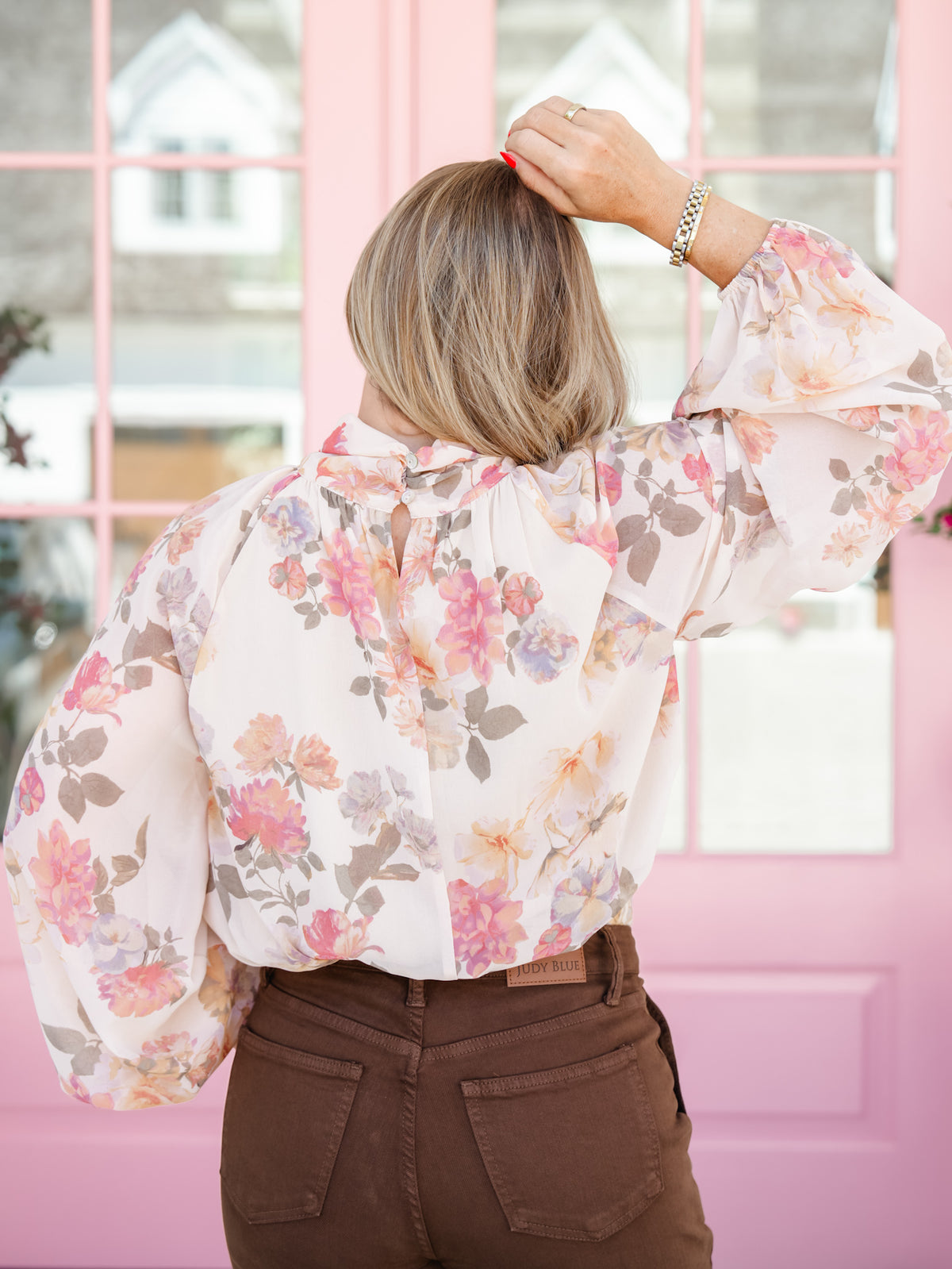 Floral Print Long Balloon Sleeve Mock Neck Blouse - Freckled Poppy