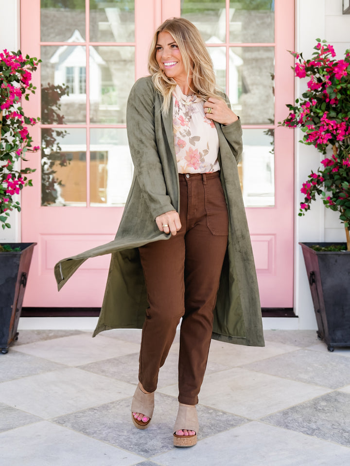 Vegan Suede Long Sleeve Open Front Long Jacket - Freckled Poppy