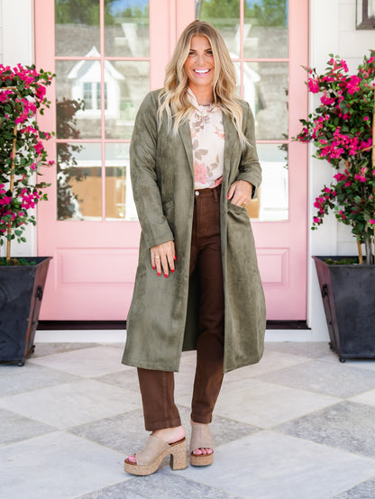 Vegan Suede Long Sleeve Open Front Long Jacket - Freckled Poppy