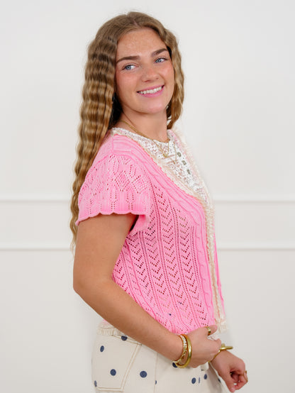 POL Pink Short Sleeve Sweater with Lace Inset - Freckled Poppy