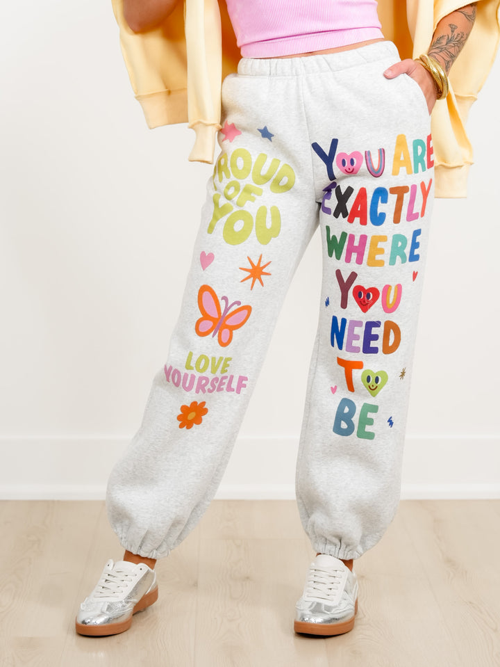 "You Are Exactly Where You Need to Be" Graphic Print Elastic Waist Jogger Sweatpants - Freckled Poppy