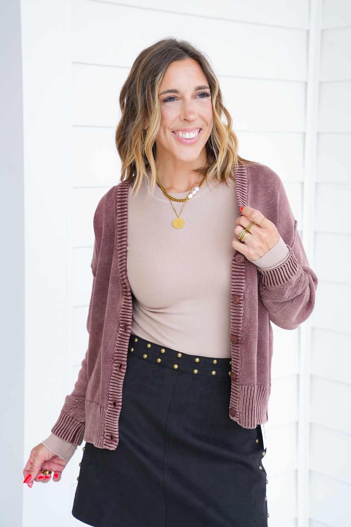 Round Neck Fitted Ribbed Knit Long Sleeve Top - Freckled Poppy