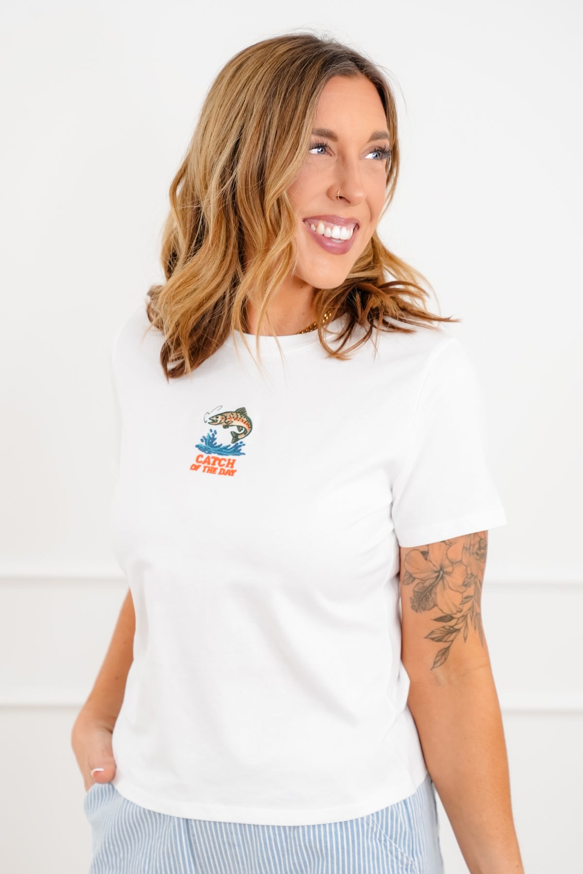 Embroidered "Catch Of The Day" Short Sleeve Top - Freckled Poppy