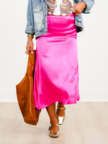 Satin Elastic Waist Midi Skirt with Side Slit - Freckled Poppy