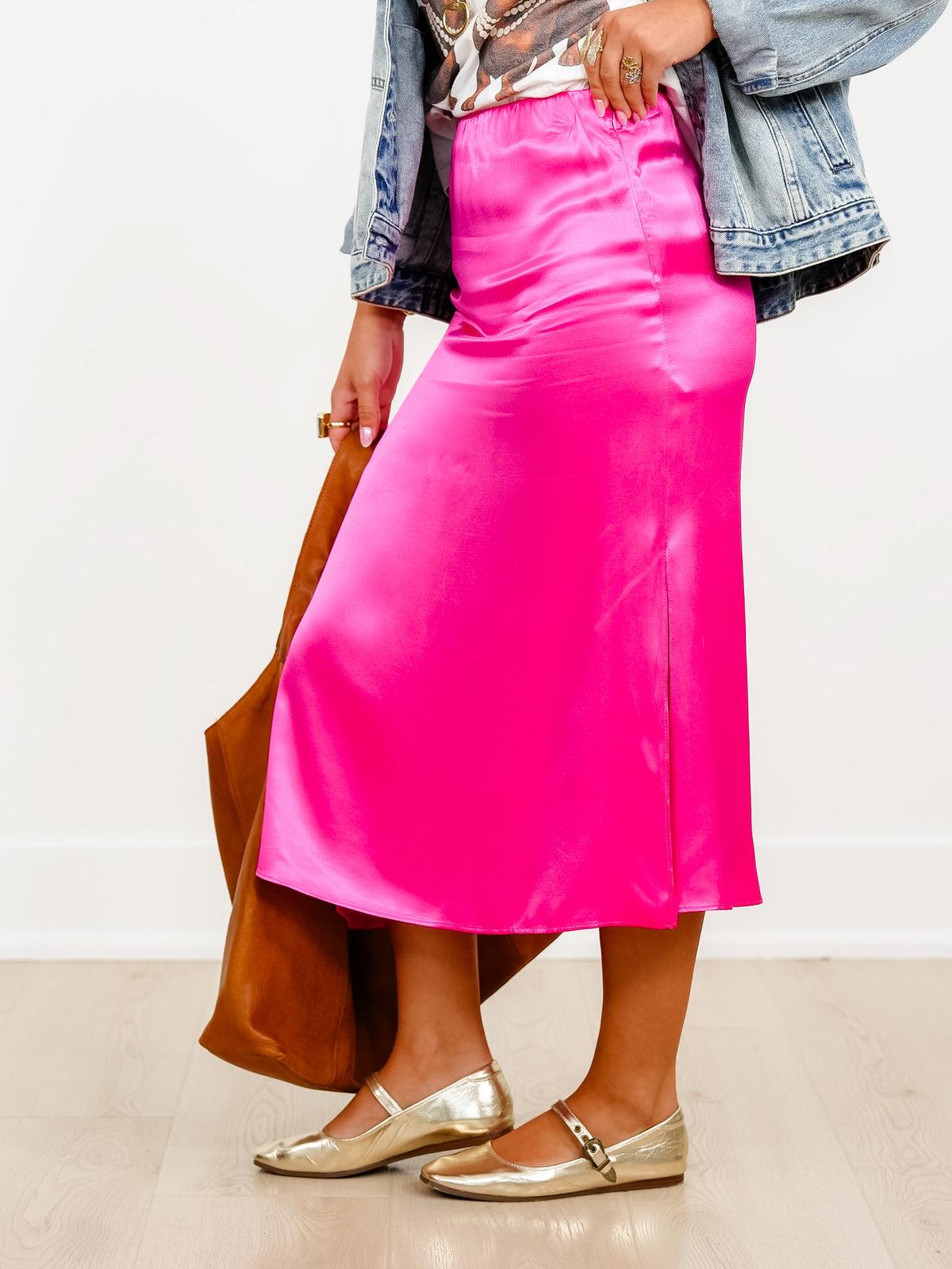 Satin Elastic Waist Midi Skirt with Side Slit - Freckled Poppy