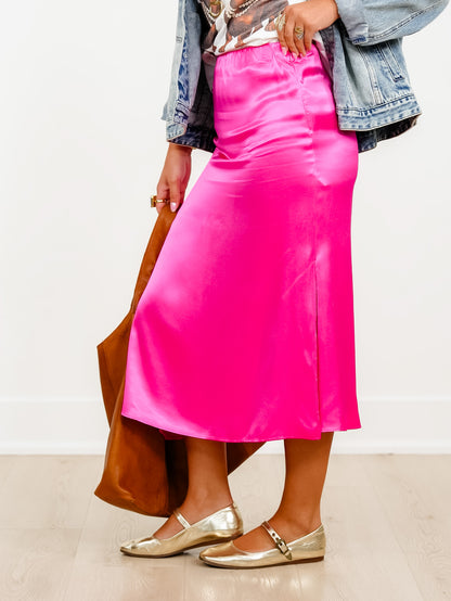 Satin Elastic Waist Midi Skirt with Side Slit - Freckled Poppy