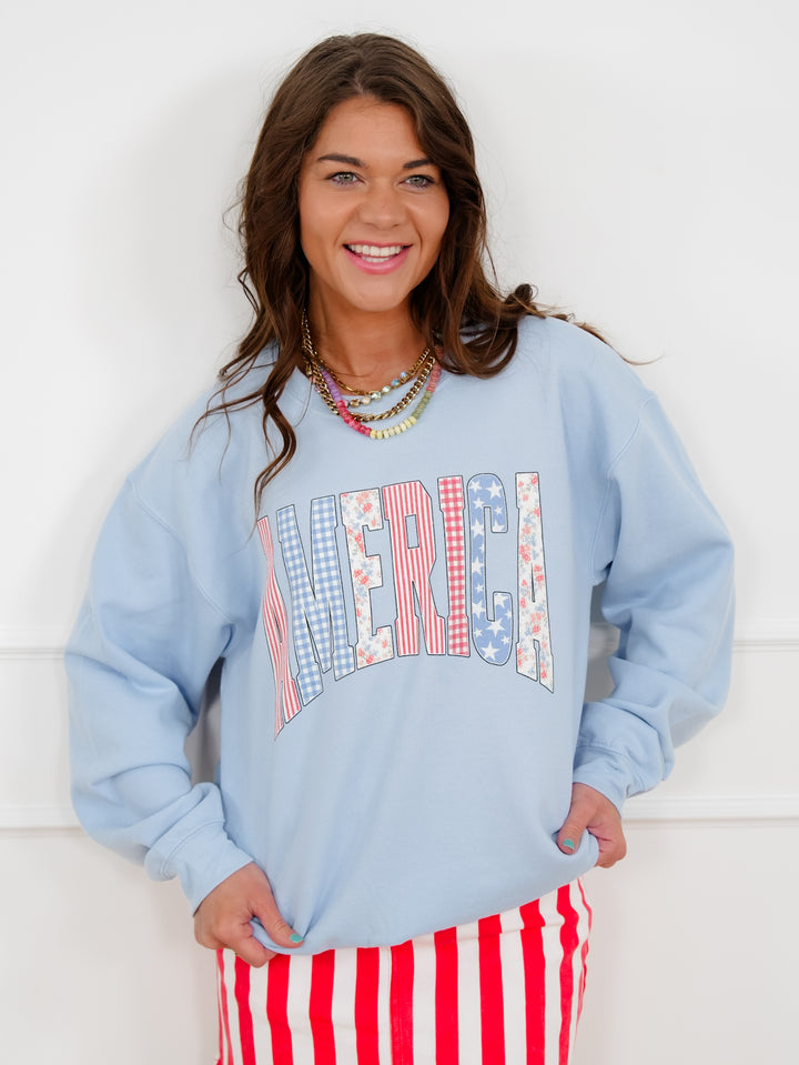 Plus/Reg Long Sleeve "America" Graphic Sweatshirt - Freckled Poppy