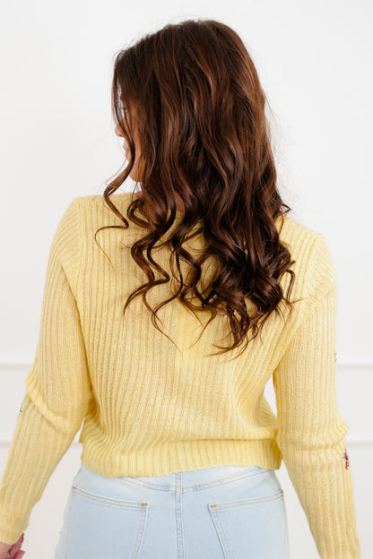 Restock! Ribbed Long Sleeve Front Tie Sweater with Floral Detail - Freckled Poppy