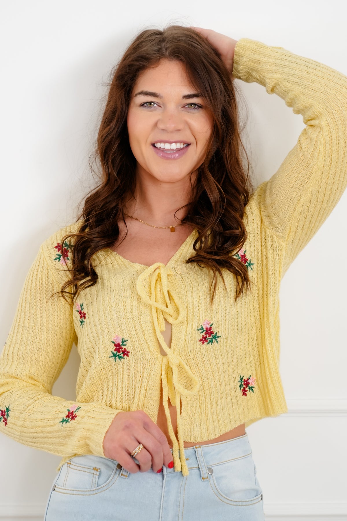 Restock! Ribbed Long Sleeve Front Tie Sweater with Floral Detail - Freckled Poppy