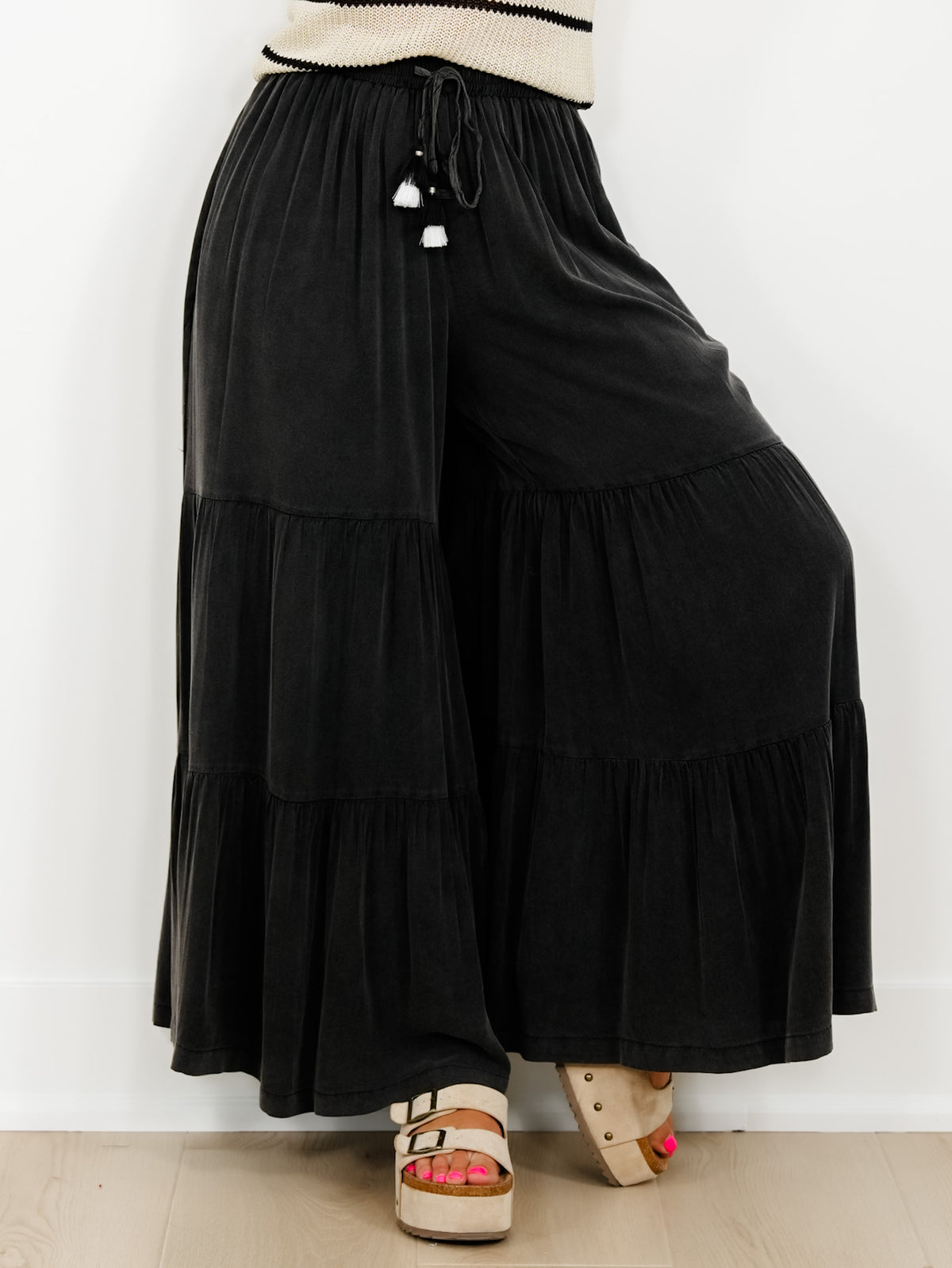 Plus/Reg Washed Boho Elastic Waist Palazzo Pants with Tassle Drawstring - Freckled Poppy