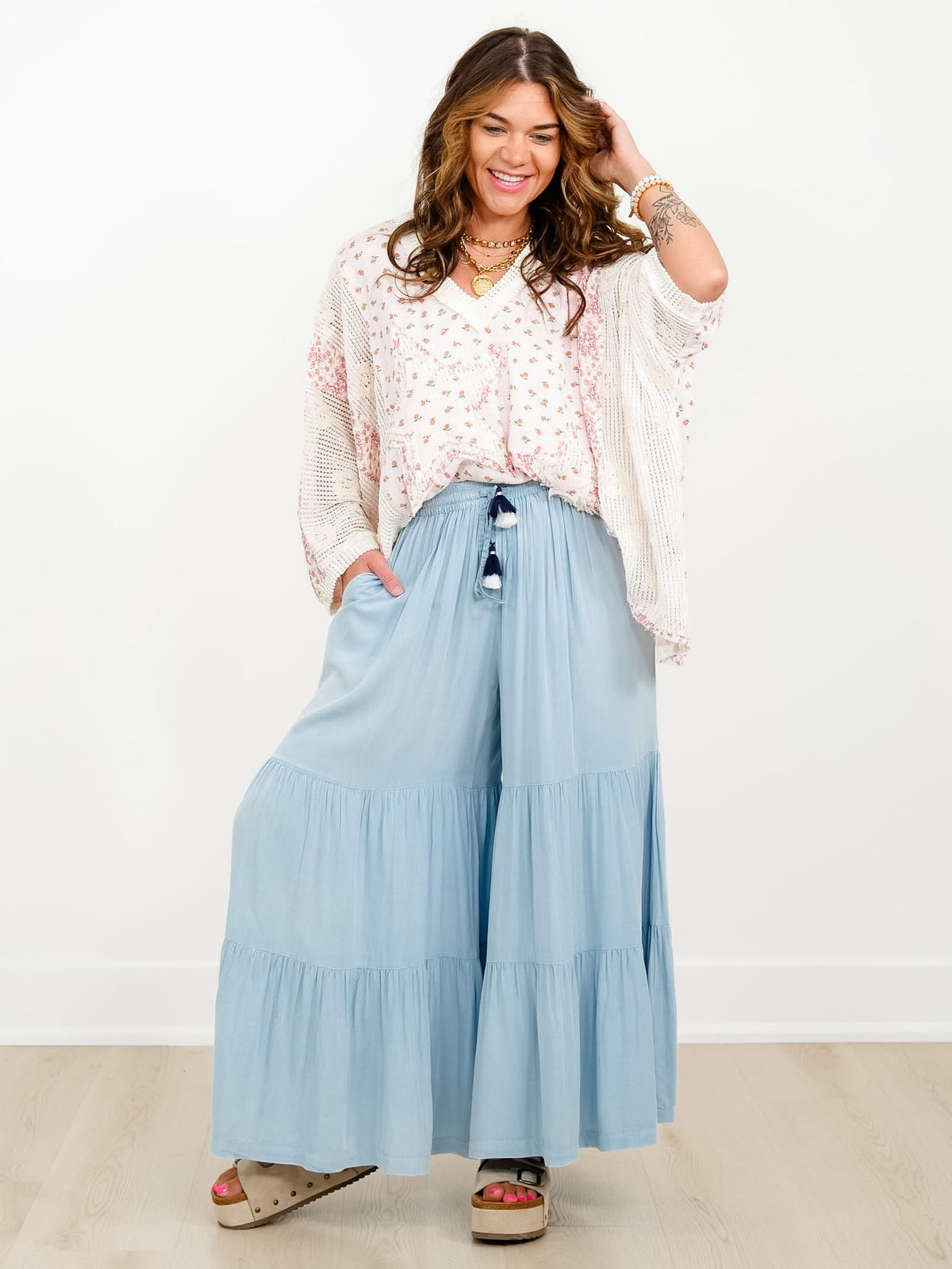 Plus/Reg Washed Boho Elastic Waist Palazzo Pants with Tassle Drawstring - Freckled Poppy