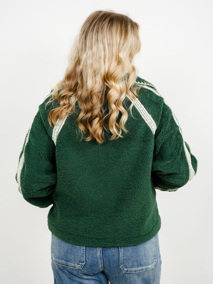 Plus/Reg Sherpa Long Sleeve Zip Up Jacket with Crochet Trim