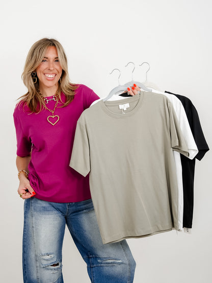 Solid Color Round Neck Short Sleeve Knit Top - Freckled Poppy