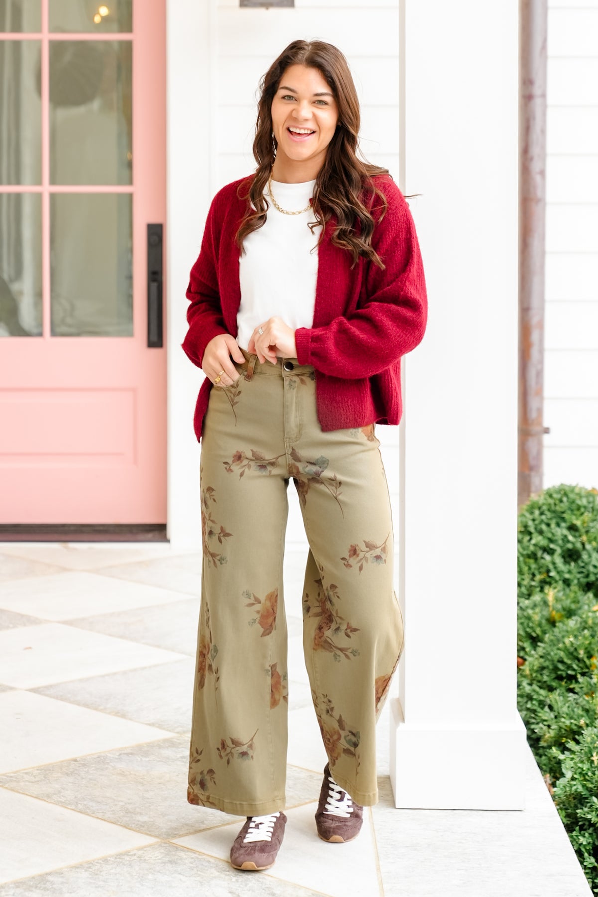Plus/Reg Floral Print High Waisted Wide Leg Pants - Freckled Poppy