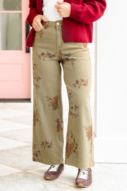 Plus/Reg Floral Print High Waisted Wide Leg Pants - Freckled Poppy