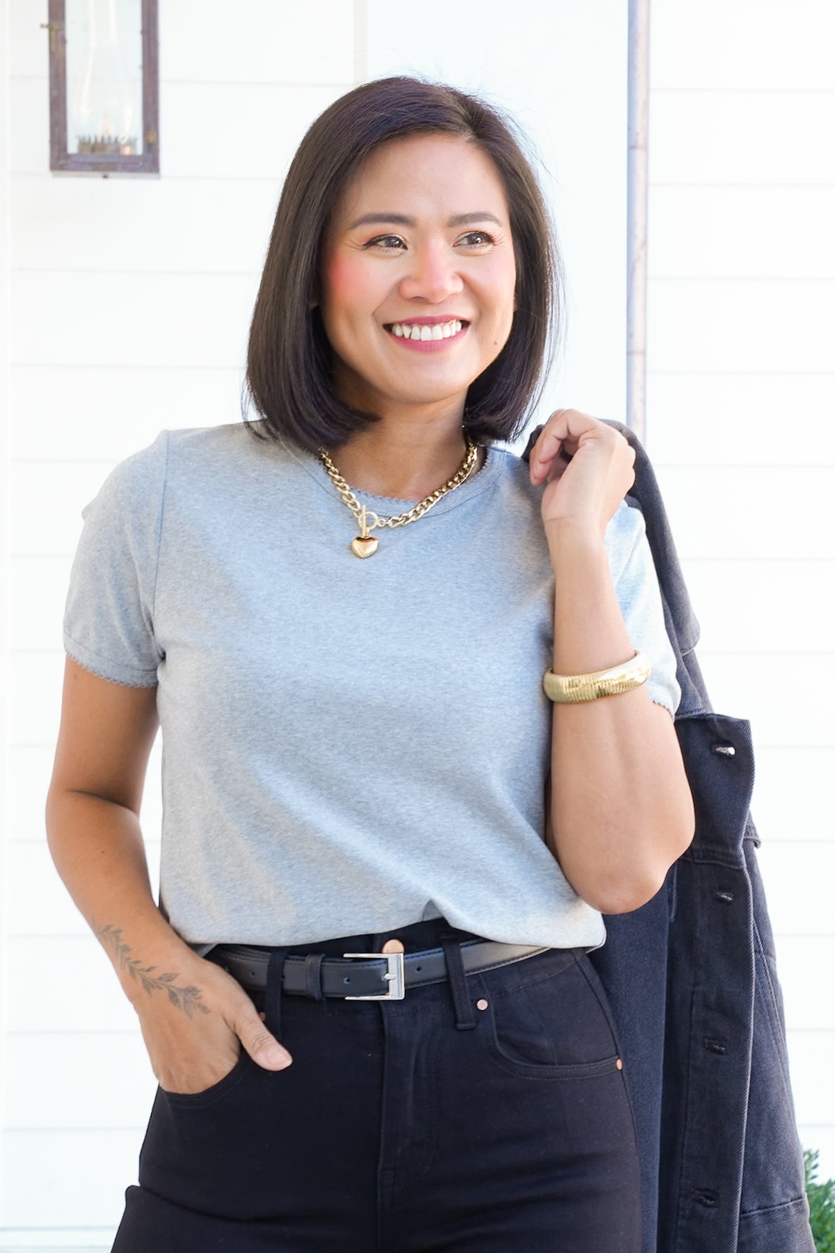 Heather Grey Short Sleeve Top with Scallop Edge - Freckled Poppy