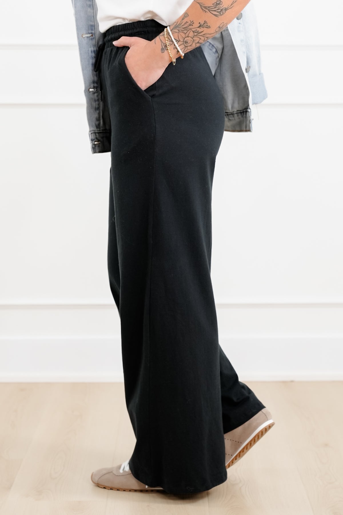 Solid Cotton Elastic Waist Wide Leg Pants - Freckled Poppy