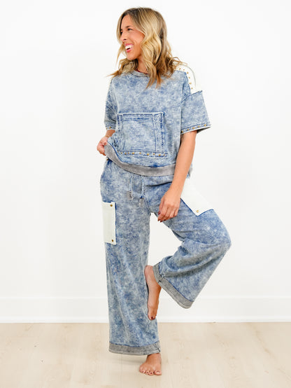 POL Mineral Wash Elastic Waist Pants with Ribbed Patch Pockets