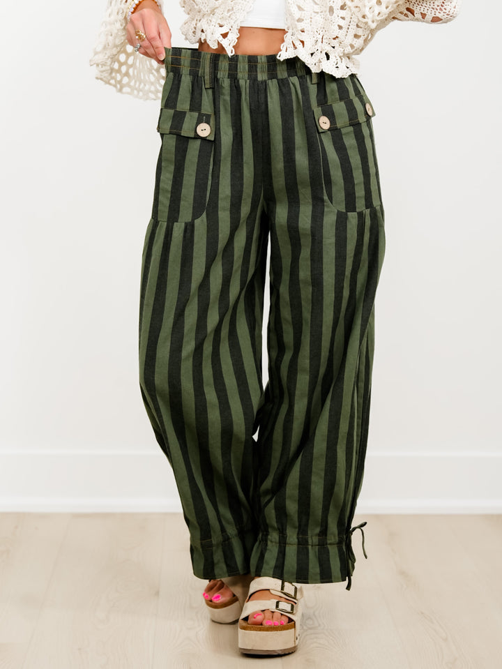 Plus/Reg Striped Elastic Waist Wide Leg Pants With Tiered Panels - Freckled Poppy
