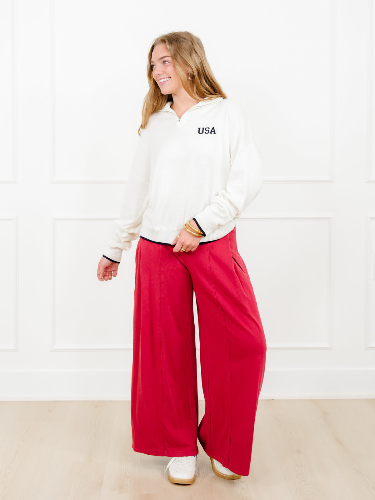 Knit Long Sleeve "USA" Quarter Zip Up Sweater - Freckled Poppy