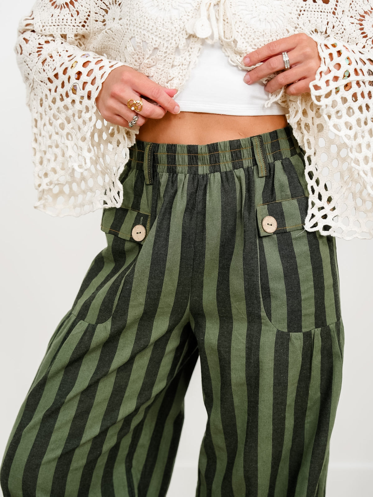Plus/Reg Striped Elastic Waist Wide Leg Pants With Tiered Panels - Freckled Poppy
