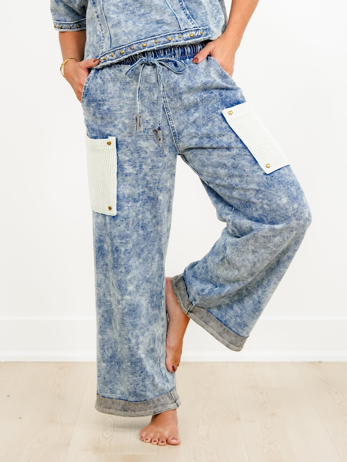 POL Mineral Wash Elastic Waist Pants with Ribbed Patch Pockets