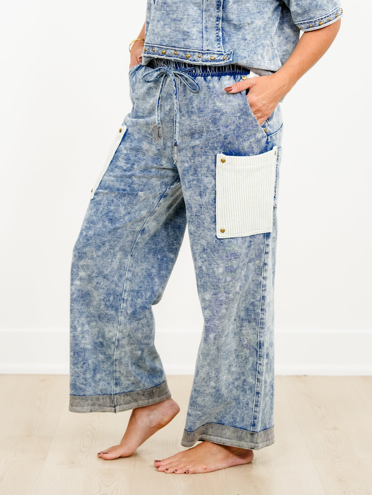POL Mineral Wash Elastic Waist Pants with Ribbed Patch Pockets
