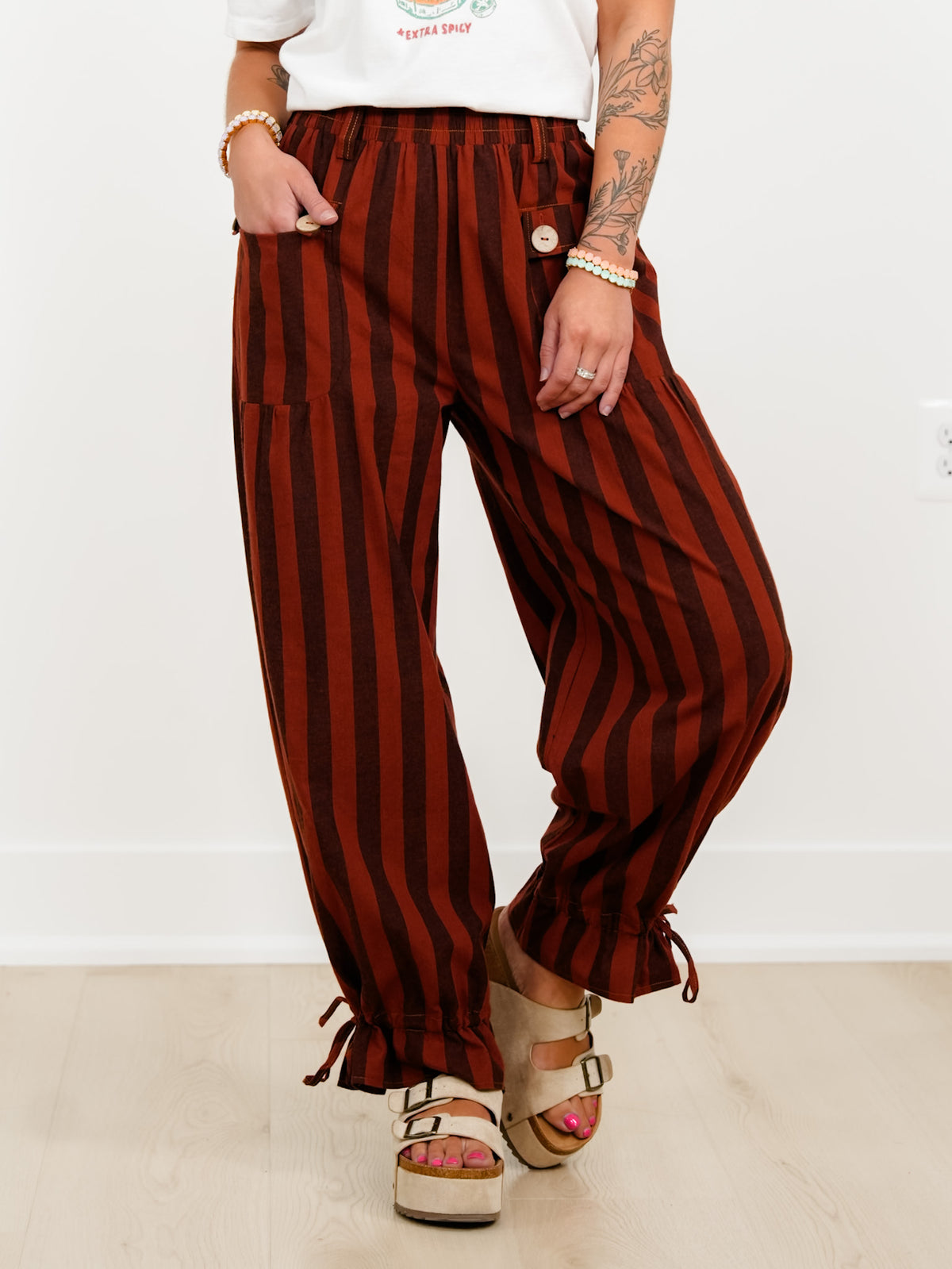 Plus/Reg Striped Elastic Waist Wide Leg Pants With Tiered Panels - Freckled Poppy